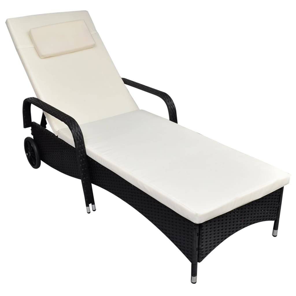 NNEVL Sun Lounger with Cushion & Wheels Poly Rattan Black