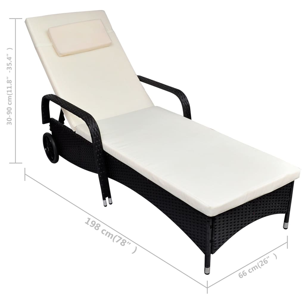 NNEVL Sun Lounger with Cushion & Wheels Poly Rattan Black